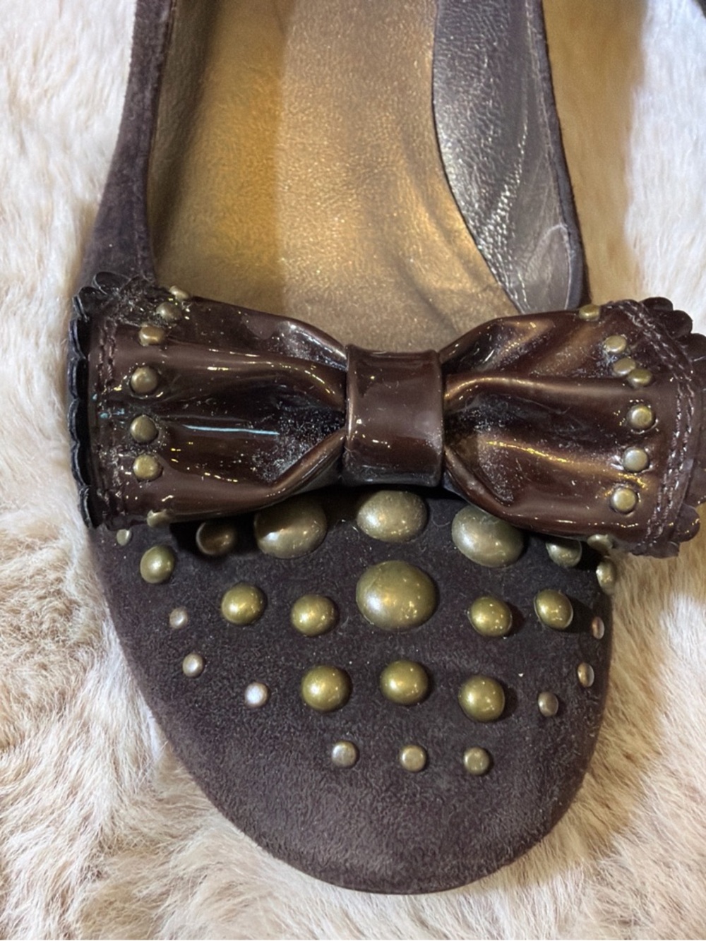 Stuart Weitzman Dark Brown Studded Bow Flats - Picture 2 of 8